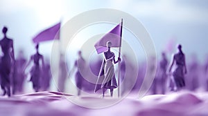 A diminutive activist waves a purple flag, fight for women rights. Generative AI