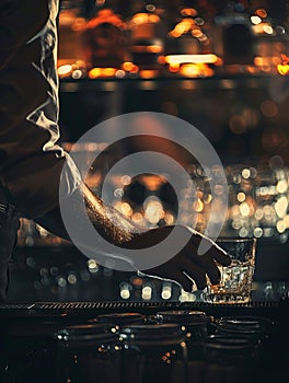 In the dimly lit ambiance of the bar at night, a male barista\'s hand is busy preparing a drink behind the counter