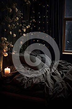 Dimly Lit Bedroom With Candle on Bed