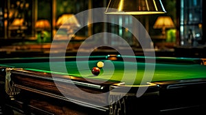 A dimly lit billiard room with focused lighting over the green felt pool table, accentuating the poised billiard balls