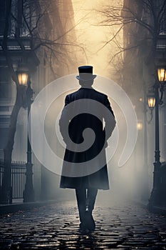 Within the dimly lit city alley, a mysterious man clad in a black coat and top hat strolls alone