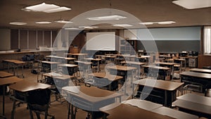 A dimly lit classroom with rows of empty desks and chairs facing a whiteboard, under overhead lights creating a tranqui