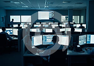 Dimly lit control room filled with