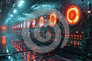 Dimly lit crypto mining farm with powerful ASIC miners.