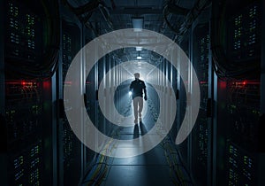 Dimly lit data center corridor with