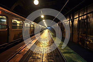 dimly lit empty subway platform with train approaching