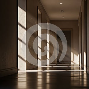 Rectangular windows on the left creating geometric patterns of light