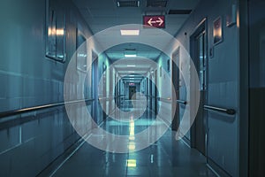 Dimly Lit Hospital Corridor with Emergency Exit Sign at Night