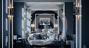 Dimly Lit Lounge Area with Gray Sofas and Modern Wall Sconces (1030
