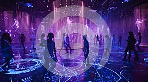 In a dimly lit nightclub a holographic display forms the centerpiece of the dance floor. As it glows with an