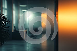 Dimly lit office with empty desk and computer. Neural network AI generated