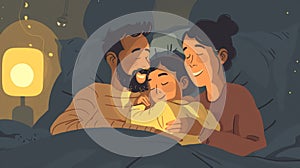 In a dimly lit room a child is snuggled under the covers with their parents. The parents are softly singing a lullaby