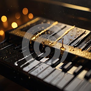 Black Piano Notes Dripping in Golden tones with drops of water and fire on the surface photo