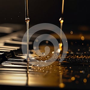 Black Piano Notes Dripping in Golden tones with drops of water and fire on the surface photo