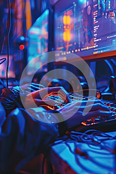 Cyber security concept. Hacker working on a computer in a dark room photo