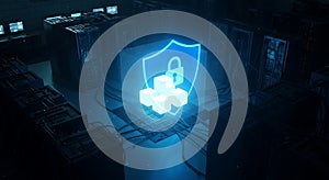 A dimly lit server room featuring several server racks interconnected with visible