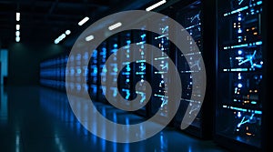 Server Room Data Center with Rows of Rack Servers Network Infrastructure for Data Storage and Processing High Technology Cloud