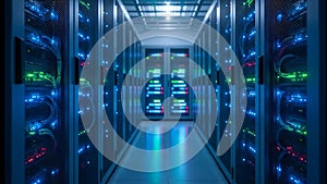 Data Center Server Room with Illuminated Racks and Cables (ai generated)