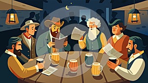 In a dimly lit tavern a group of colonists gather around a table clinking mugs of ale and listening intently as a photo