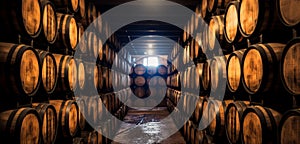 Dimly Lit Wine Cellar with Rows of Oak Barrels