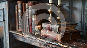 In the dimlylit vintage study a worn weathered podium holds treasured books and trinkets adding charm and character to