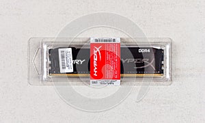 DIMM DDR 4 16 Gb Kingston HyperX Fury Memory RAM Module in box on grey background closeup top view