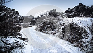 Dimmuborgir area, volcanic caves and rock in Iceland