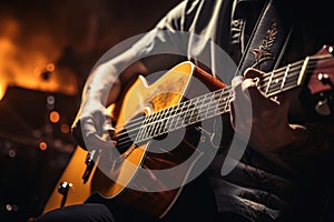 In dimness, a guitarist\'s nimble fingers create a mesmerizing acoustic symphony.