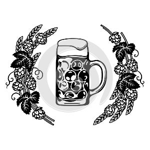 Dimpled Oktoberfest Glass Beer Mug in frame of hop branches with cones and leaves, wheat barley ears. Hand drawn vector