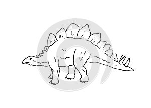 Dinosaur creature simple outline drawing. Wild old animal, hand made symbol illustration. Stegosaurus fossil graphic.