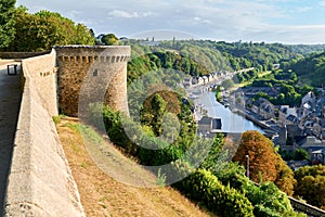 Dinan Brittany France. High angle view cityscape. La Rance river and the fortified walls