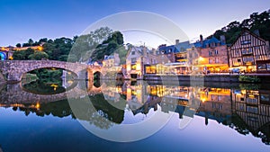 Dinan and Medieaval Stone Houses Reflecting in Rance River at Dusk in Summer in Bretagne, Cotes d`Armor, France