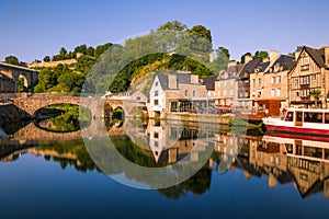 Dinan Old Medieval Bridge and Stone Houses Reflecting in Rance River in Bretagne, Cotes d`Armor, France