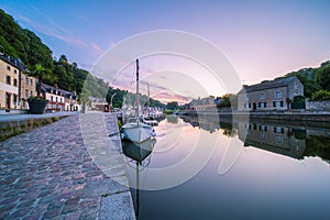 Dinan Stone Houses and Marina Reflecting in Rance River at Dawn in Bretagne, Cotes d`Armor, France