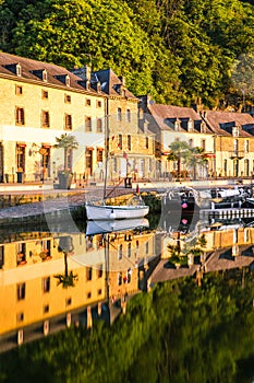 Dinan Stone Houses Reflecting in Rance River at Sunrise in Bretagne, Cotes d`Armor, France