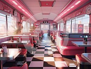 A diner car with red booths and black and white checkered floor. AI generative image.