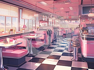 A diner with a checkered floor and pink booths. Generative AI image.