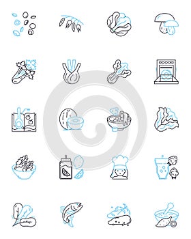 Diner food linear icons set. Burgers, Fries, Milkshakes, Pancakes, Omelettes, Hashbrowns, Club line vector and concept photo