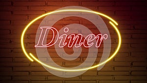 Diner neon sign on the brick wall.. Retro light sign. Food background. American food. Dark background. Black friday