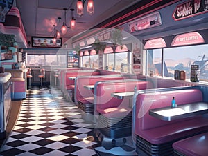 A diner with pink booths and black and white checkered floor. AI generative image.