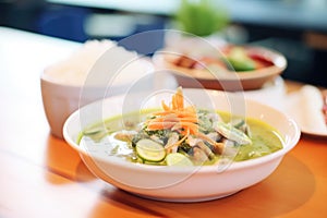 diner spooning green curry onto white rice
