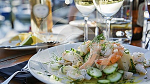 Diners enjoy a seafood feast in a picturesque cove savoring grilled halibut tangy shrimp ceviche and refreshing cucumber