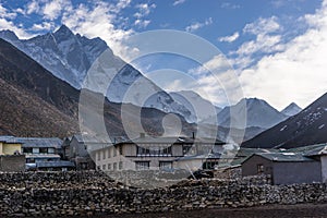 Dingboche village in a morning with Lhotse mountain background,