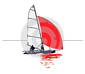 Dinghy with Red Sail Reflection