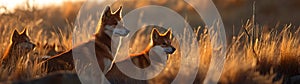 Dingo family standing in front of the camera in the rocky plains with setting sun.