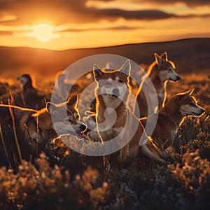 Dingo family standing in front of the camera in the rocky plains with setting sun.