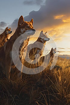 Dingo family standing in front of the camera in the rocky plains with setting sun.