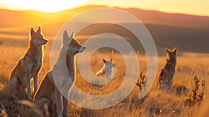 Dingo family standing in front of the camera in the rocky plains with setting sun.