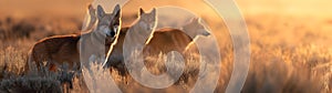 Dingo family standing in front of the camera in the rocky plains with setting sun.