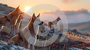 Dingo family standing in front of the camera in the rocky plains with setting sun.